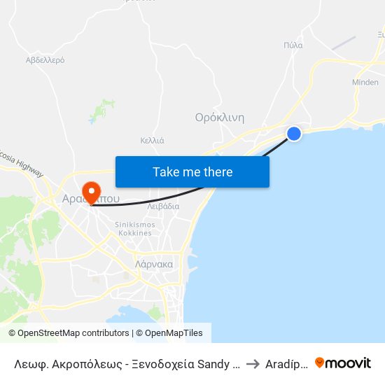 Λεωφ. Ακροπόλεως - Ξενοδοχεία Sandy - Golden Bay to Aradíppou map