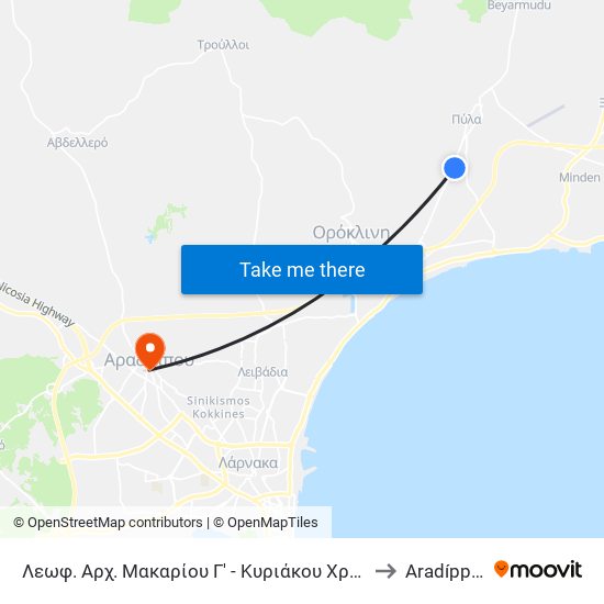 Λεωφ. Αρχ. Μακαρίου Γ' - Κυριάκου Χρίστου to Aradíppou map