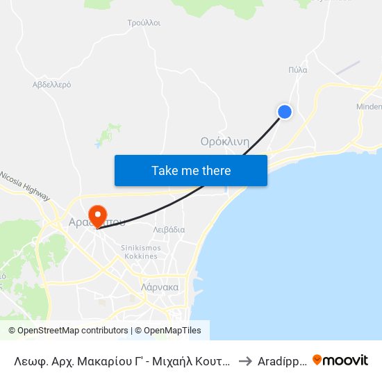 Λεωφ. Αρχ. Μακαρίου Γ' - Μιχαήλ Κουτσόφτα to Aradíppou map
