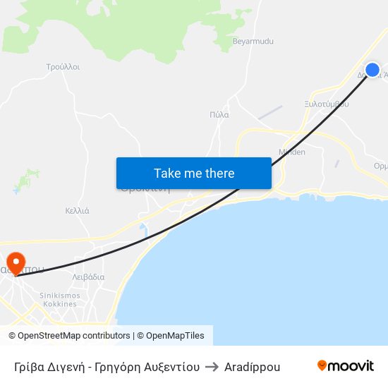 Γρίβα Διγενή - Γρηγόρη Αυξεντίου to Aradíppou map