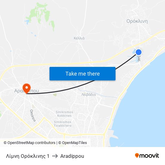 Λίμνη Ορόκλινης 1 to Aradíppou map