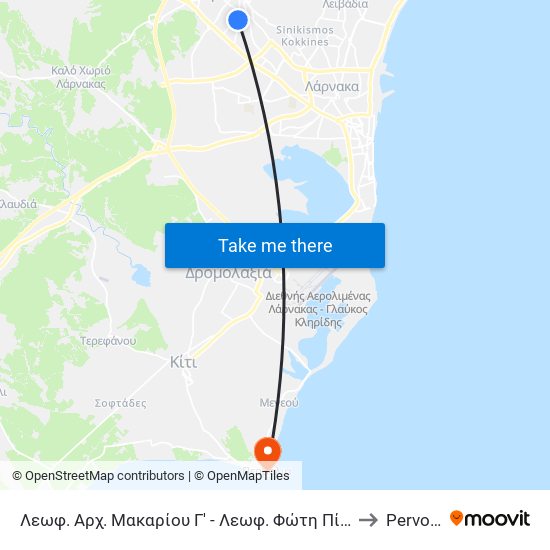 Λεωφ. Αρχ. Μακαρίου Γ' - Λεωφ. Φώτη Πίττα 1 to Pervolia map