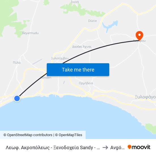 Λεωφ. Ακροπόλεως - Ξενοδοχεία Sandy - Golden Bay to Avgórou map