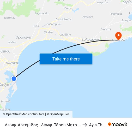 Λεωφ. Αρτέμιδος - Λεωφ. Τάσου Μητσόπουλου 1 to Ayia Thekla map
