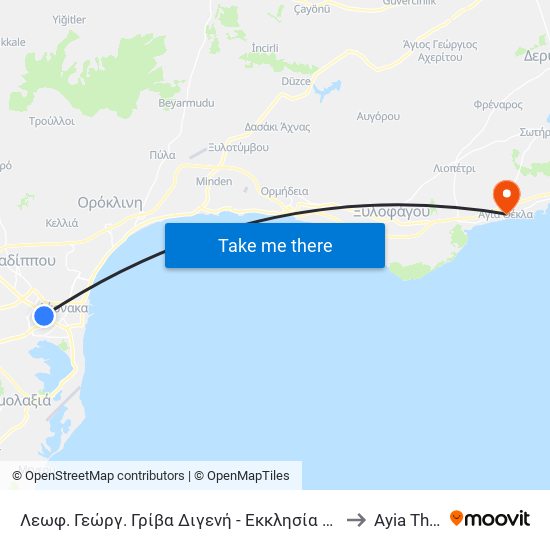 Λεωφ. Γεώργ. Γρίβα Διγενή - Εκκλησία Αγ. Γεωργίου to Ayia Thekla map