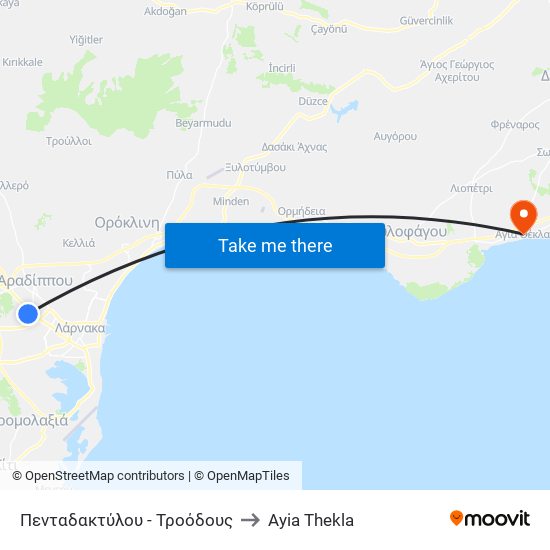 Πενταδακτύλου - Τροόδους to Ayia Thekla map