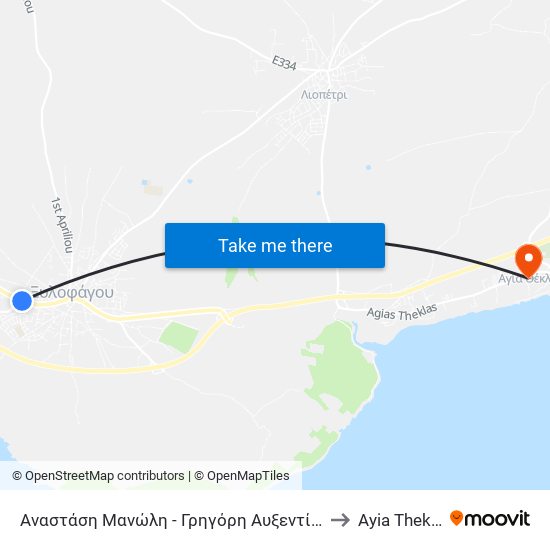 Αναστάση Μανώλη - Γρηγόρη Αυξεντίου to Ayia Thekla map