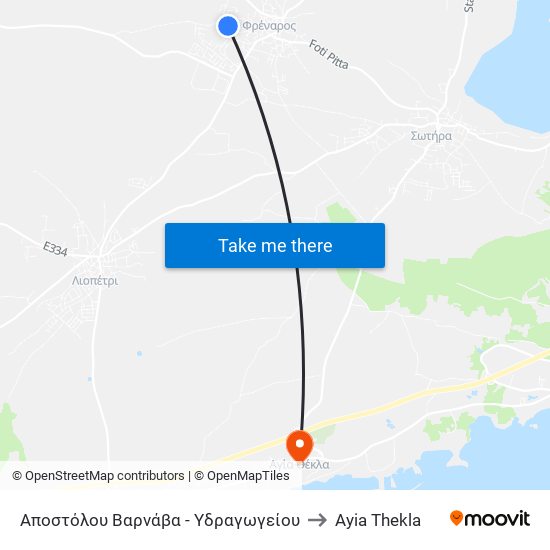 Αποστόλου Βαρνάβα - Υδραγωγείου to Ayia Thekla map