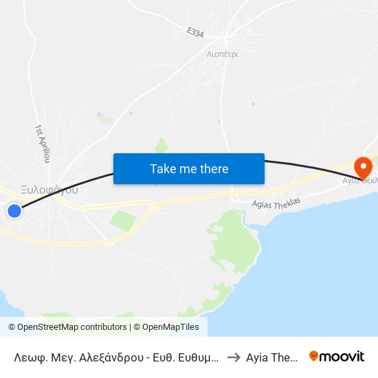 Λεωφ. Μεγ. Αλεξάνδρου - Ευθ. Ευθυμίου to Ayia Thekla map