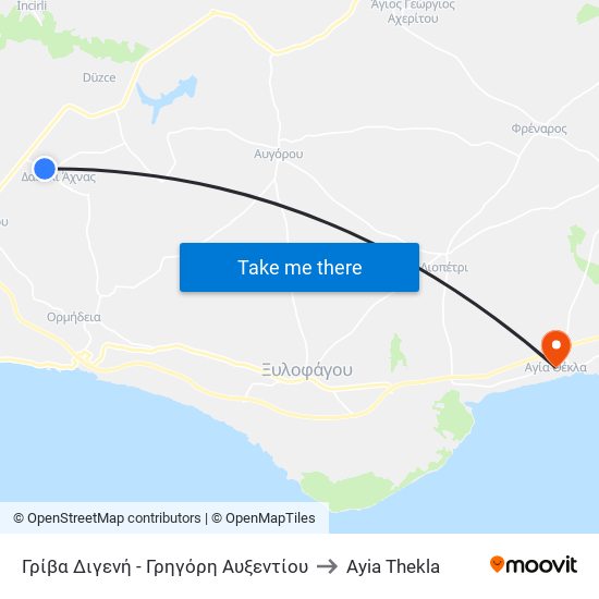 Γρίβα Διγενή - Γρηγόρη Αυξεντίου to Ayia Thekla map