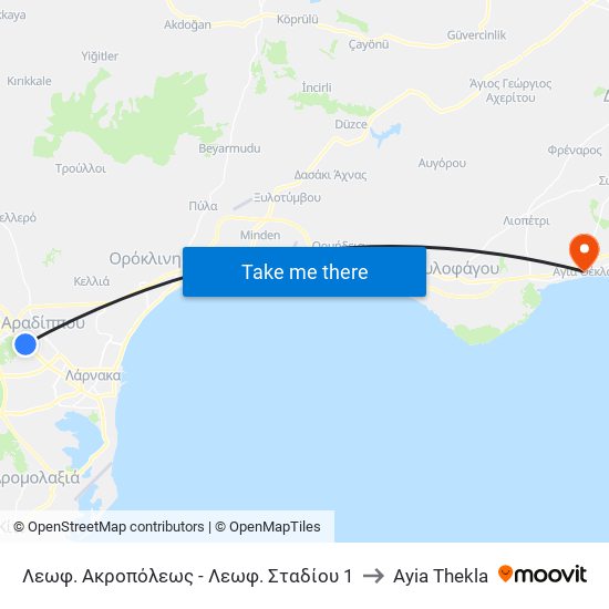 Λεωφ. Ακροπόλεως - Λεωφ. Σταδίου 1 to Ayia Thekla map