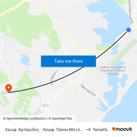 Λεωφ. Αρτέμιδος - Λεωφ. Τάσου Μητσόπουλου 1 to Tersefánou map