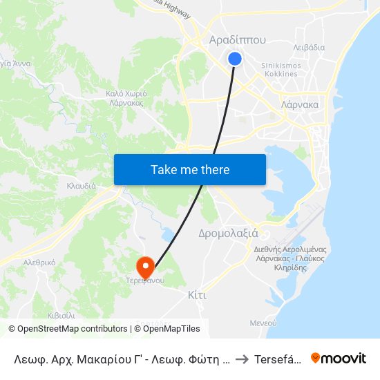 Λεωφ. Αρχ. Μακαρίου Γ' - Λεωφ. Φώτη Πίττα 1 to Tersefánou map