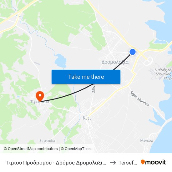 Τιμίου Προδρόμου - Δρόμος Δρομολαξιά - Αεροδρόμιο 1 to Tersefánou map