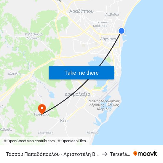 Τάσσου Παπαδόπουλου - Αριστοτέλη Βαλαωρίτη to Tersefánou map