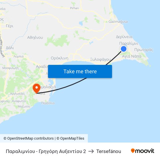 Παραλιμνίου - Γρηγόρη Αυξεντίου 2 to Tersefánou map