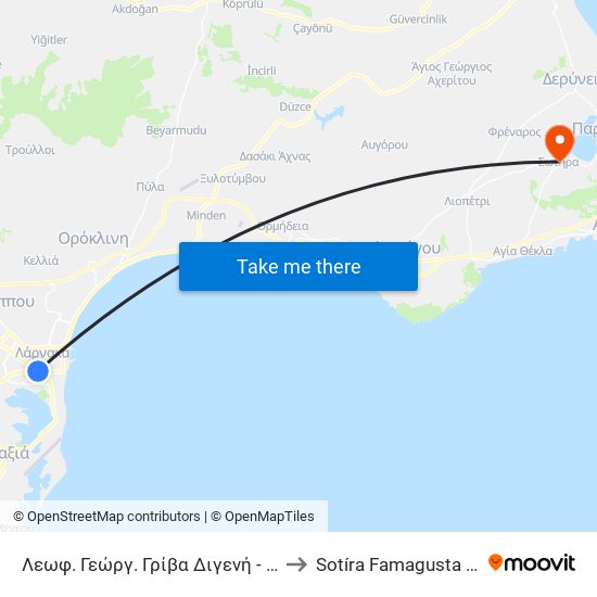 Λεωφ. Γεώργ. Γρίβα Διγενή - Λεωφ. Θεσσαλονίκης to Sotíra Famagusta District Cyprus map