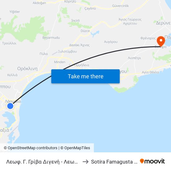 Λεωφ. Γ. Γρίβα Διγενή - Λεωφ. Κων. Παλαιολόγου 1 to Sotíra Famagusta District Cyprus map