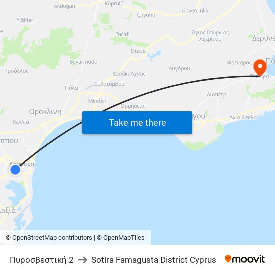 Πυροσβεστική 2 to Sotíra Famagusta District Cyprus map