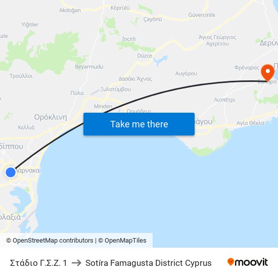 Στάδιο Γ.Σ.Ζ. 1 to Sotíra Famagusta District Cyprus map