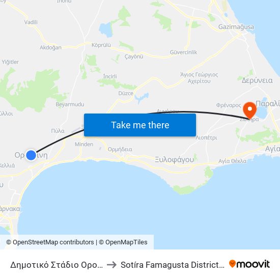 Δημοτικό Στάδιο Οροκλίνης to Sotíra Famagusta District Cyprus map