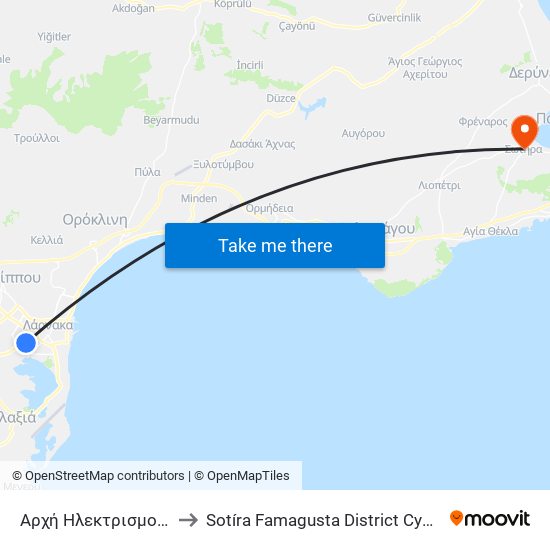 Αρχή Ηλεκτρισμού 2 to Sotíra Famagusta District Cyprus map
