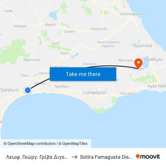 Λεωφ. Γεώργ. Γρίβα Διγενή - 1η Στάση to Sotíra Famagusta District Cyprus map