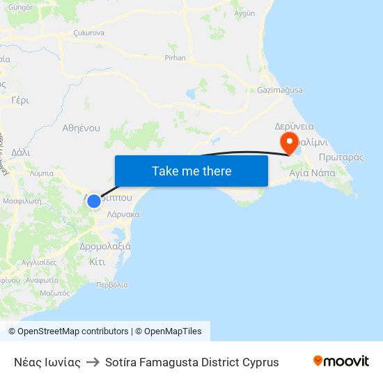 Νέας Ιωνίας to Sotíra Famagusta District Cyprus map
