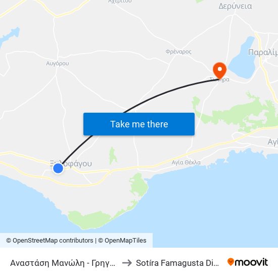 Αναστάση Μανώλη - Γρηγόρη Αυξεντίου to Sotíra Famagusta District Cyprus map