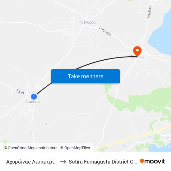 Αχυρώνας Λιοπετρίου 1 to Sotíra Famagusta District Cyprus map