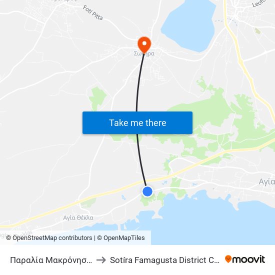Παραλία Μακρόνησος 1 to Sotíra Famagusta District Cyprus map