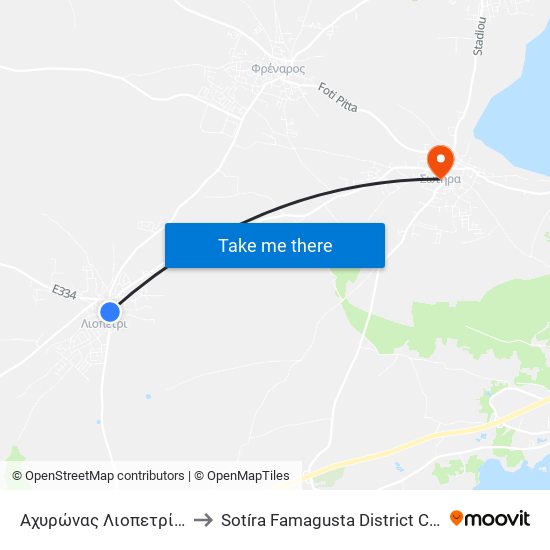 Αχυρώνας Λιοπετρίου 2 to Sotíra Famagusta District Cyprus map