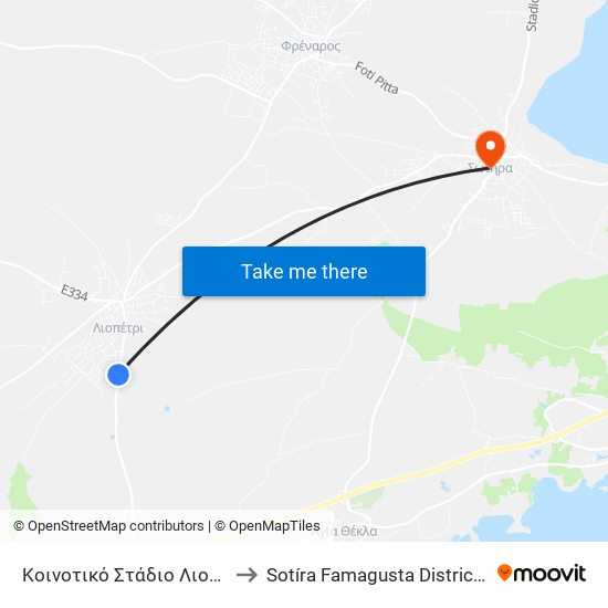 Κοινοτικό Στάδιο Λιοπετρίου to Sotíra Famagusta District Cyprus map
