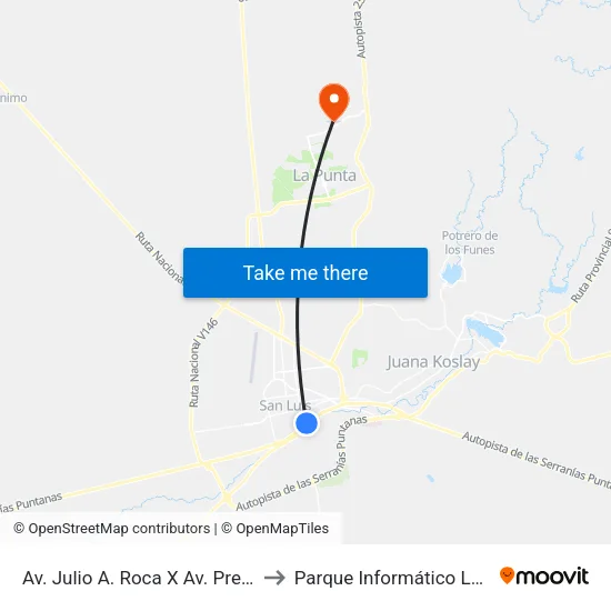 Av. Juan G. Funes X Av. Juan D. Perón to Parque Informático La Punta (Pilp I) map