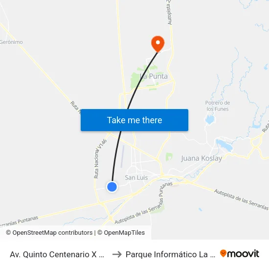 Av. Quinto Centenario X Juana Azurduy to Parque Informático La Punta (Pilp I) map
