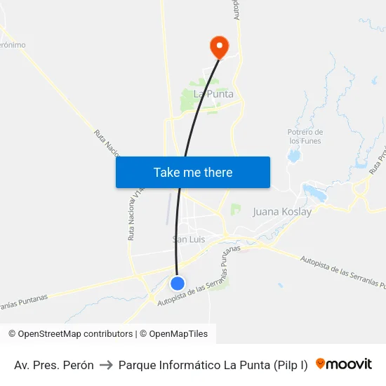 Av. Pres. Perón to Parque Informático La Punta (Pilp I) map