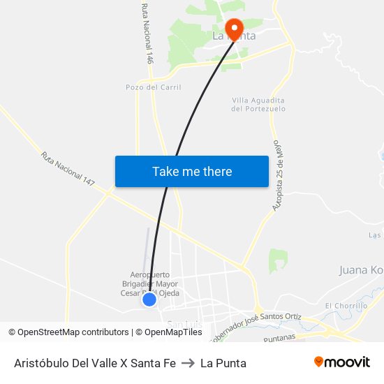 Aristóbulo Del Valle X Santa Fe to La Punta map