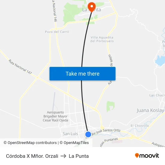 Córdoba X Mñor. Orzali to La Punta map