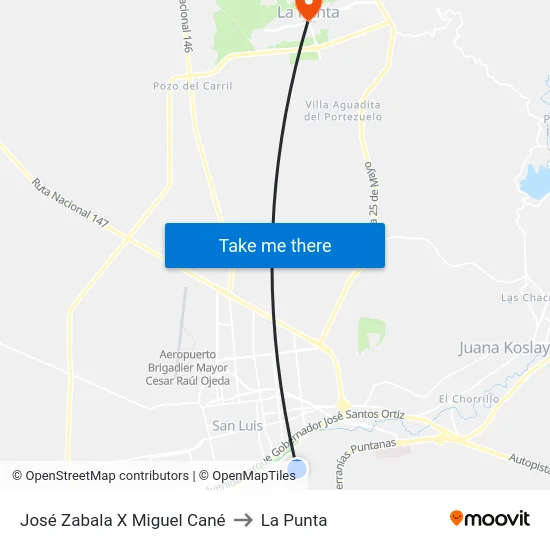 José Zabala X Miguel Cané to La Punta map