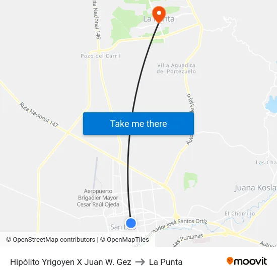 Hipólito Yrigoyen X Juan W. Gez to La Punta map