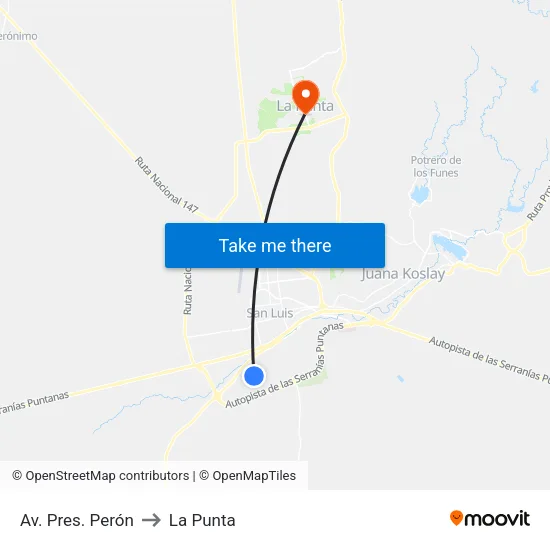 Av. Pres. Perón to La Punta map