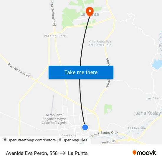 Avenida Eva Perón, 558 to La Punta map