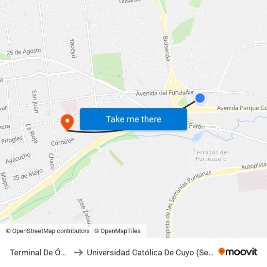 Terminal De Ómnibus to Universidad Católica De Cuyo (Sede San Luis) map