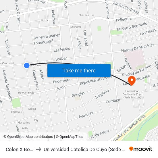Colón X Bolívar to Universidad Católica De Cuyo (Sede San Luis) map