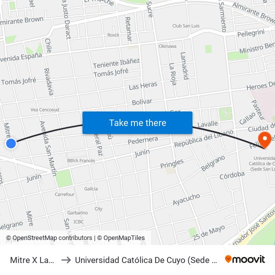 Mitre X Lavalle to Universidad Católica De Cuyo (Sede San Luis) map