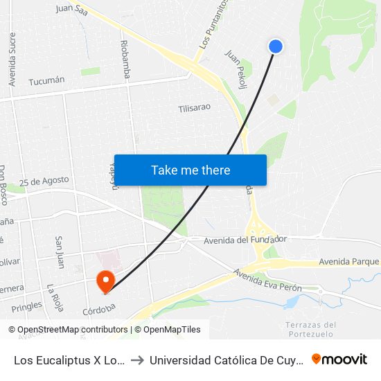 Los Eucaliptus X Los Araucanos to Universidad Católica De Cuyo (Sede San Luis) map