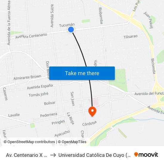 Av. Centenario X Raul Díaz to Universidad Católica De Cuyo (Sede San Luis) map