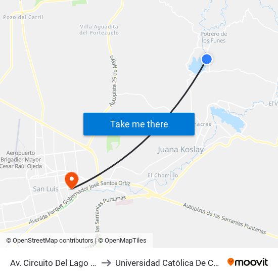 Av. Circuito Del Lago X Las Lavandas to Universidad Católica De Cuyo (Sede San Luis) map