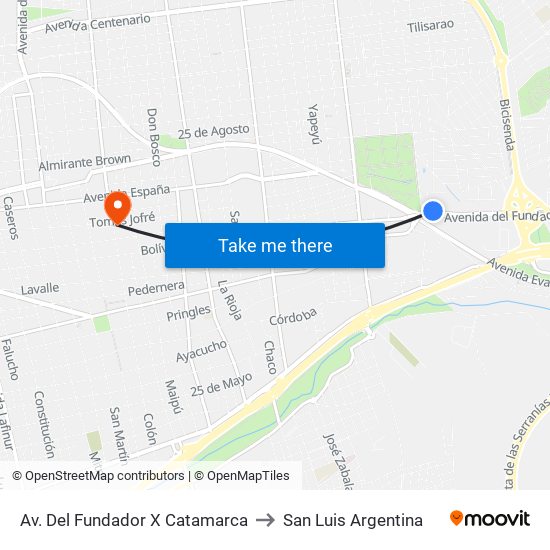 Av. Del Fundador X Catamarca to San Luis Argentina map