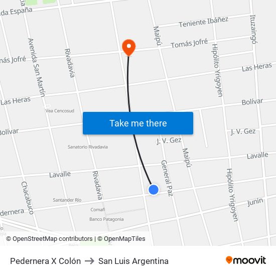 Pedernera X Colón to San Luis Argentina map